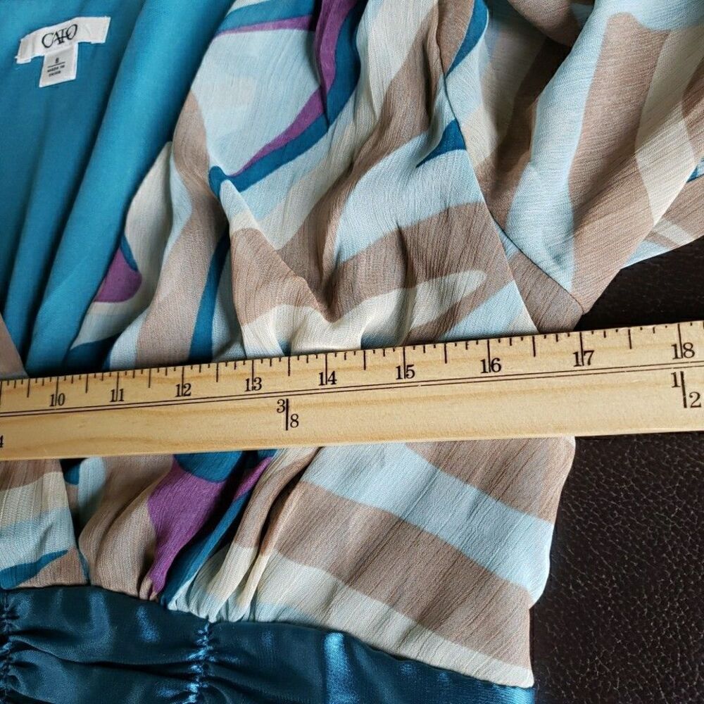 CATO Dress Sz 8 Blue Purple Geometric Psychedelic Retro Empire Waist Bell Sleeve - Picture 10 of 11